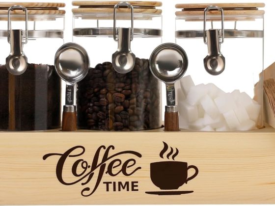 Glass Coffee Canister Set with Shelf & Spoons – 3 Piece Airtight