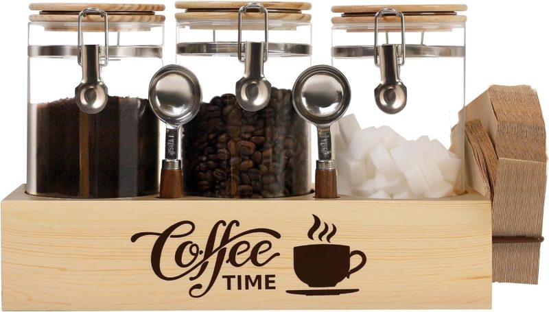 Glass Coffee Canister Set with Shelf & Spoons – 3 Piece Airtight