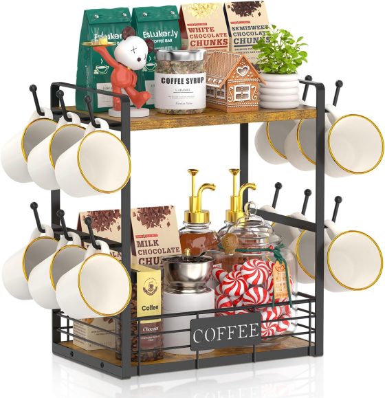 EsLuker.ly Coffee Mug Cup Holder Tree Bar Station Organizer, 2 Tier
