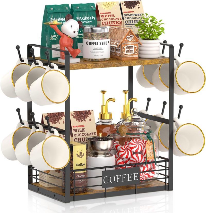 EsLuker.ly Coffee Mug Cup Holder Tree Bar Station Organizer, 2 Tier