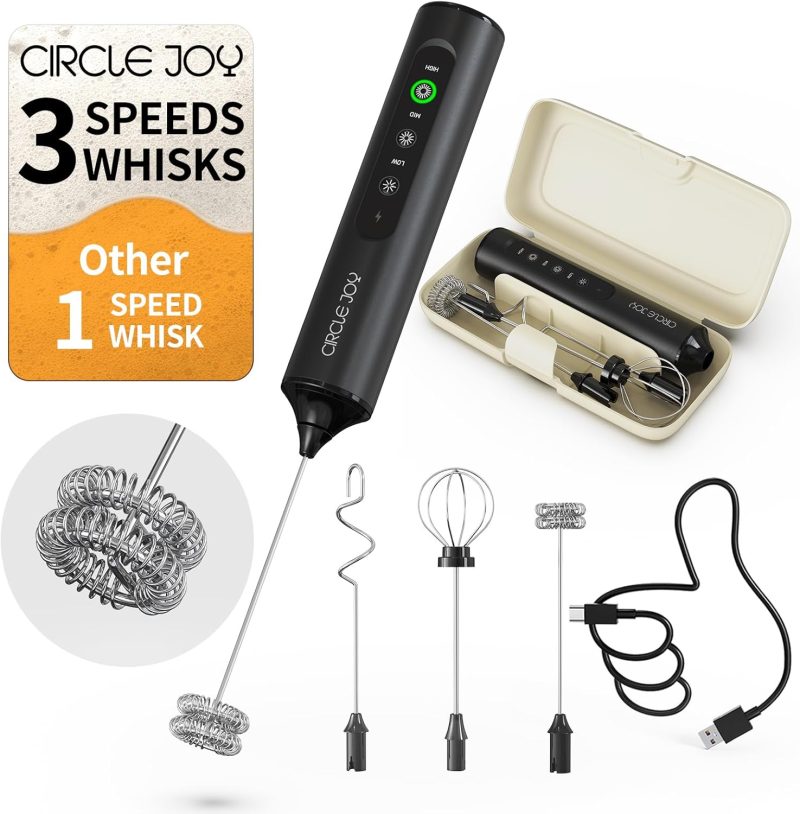 CIRCLE JOY Rechargeable Handheld Milk Frother Wand with 3 Variable