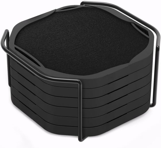 UMIRRO Black Octagon 4″ Felt & Silicone Drink Cup Coasters Set of 6