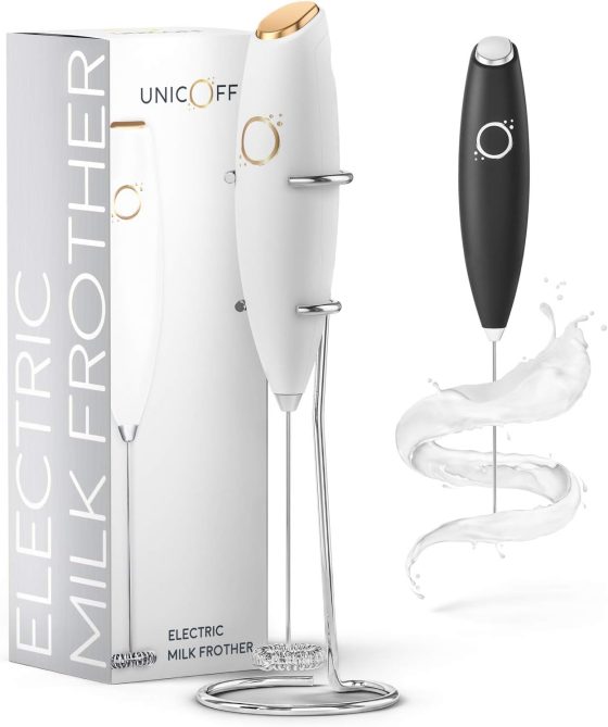 Milk Frother White – Coffee Frother Handheld with Electric Whisk –