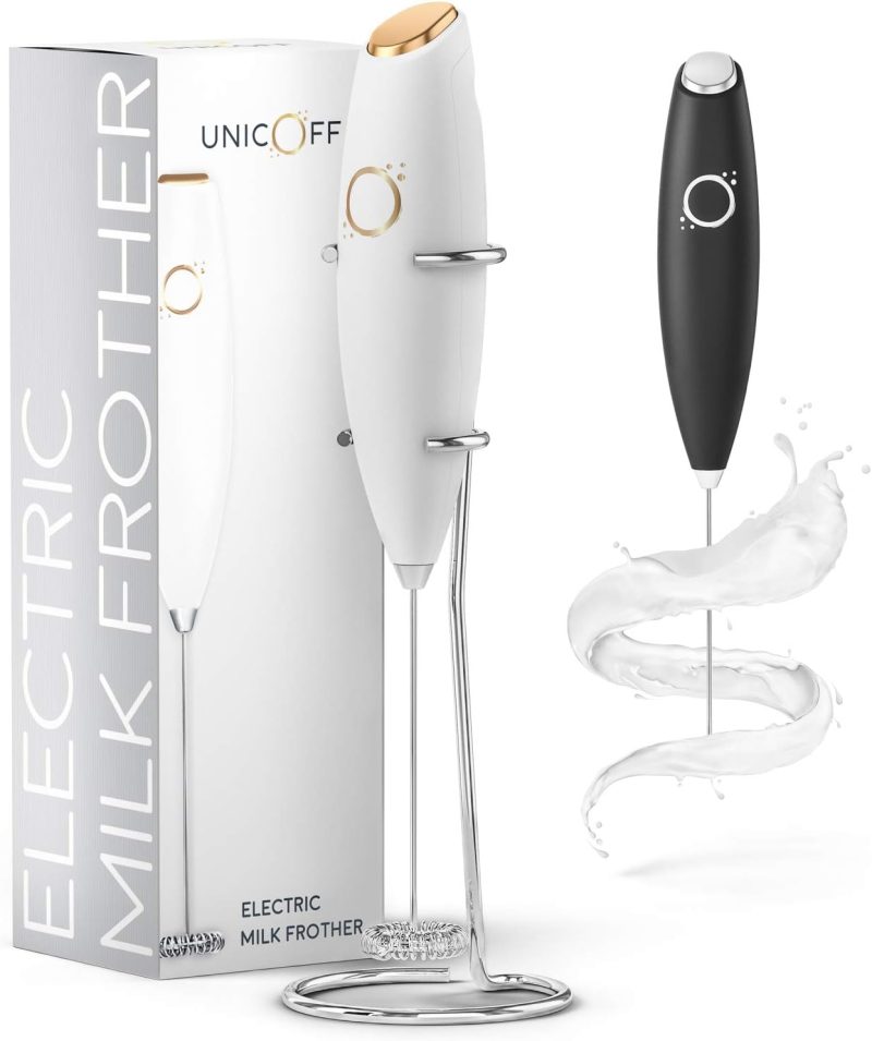 Milk Frother White – Coffee Frother Handheld with Electric Whisk –