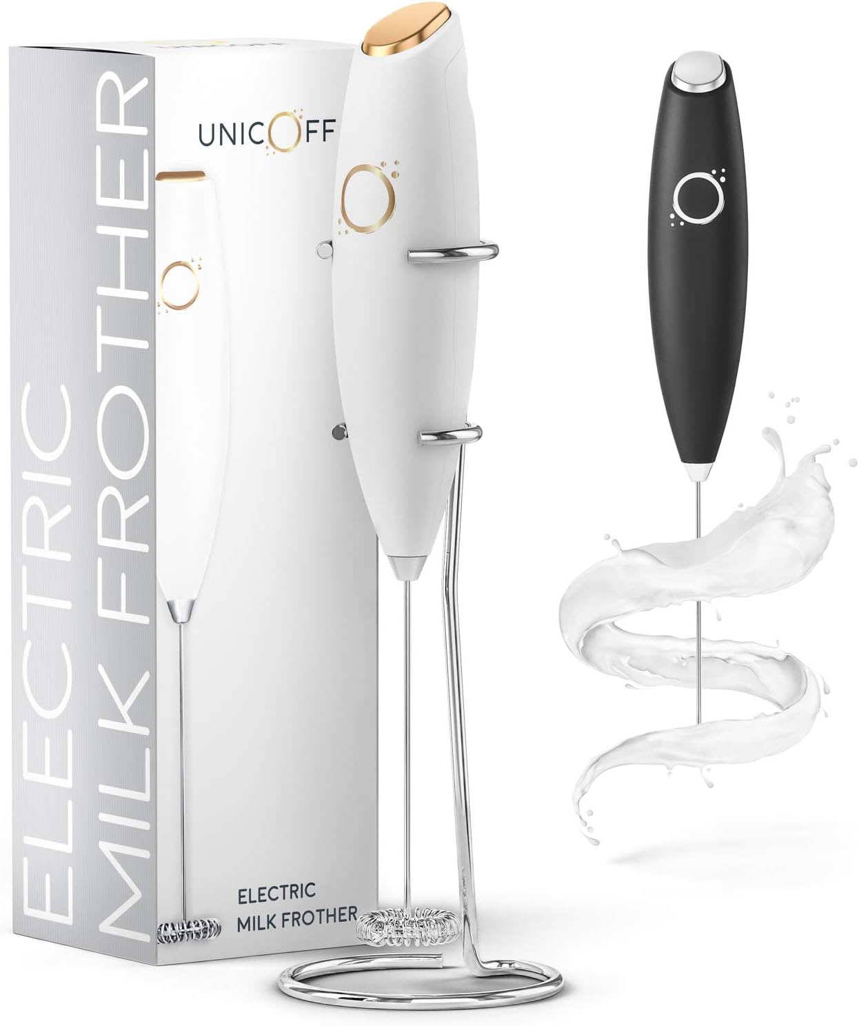 Milk Frother White – Coffee Frother Handheld with Electric Whisk –