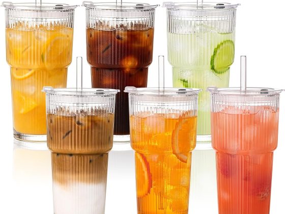 GOSCHE 20oz Glass Cups with Lids and Straws, Reusable Iced Coffee