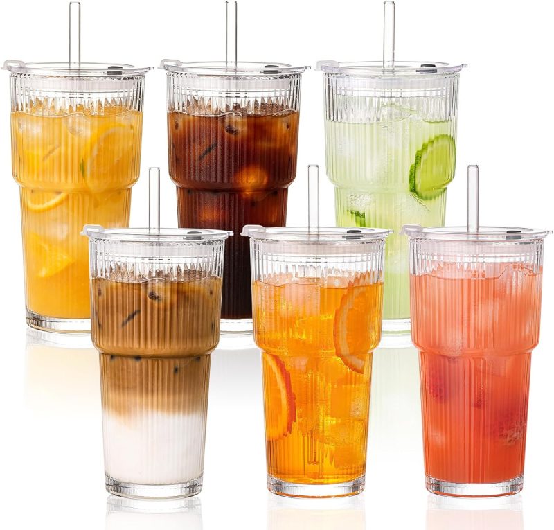 GOSCHE 20oz Glass Cups with Lids and Straws, Reusable Iced Coffee
