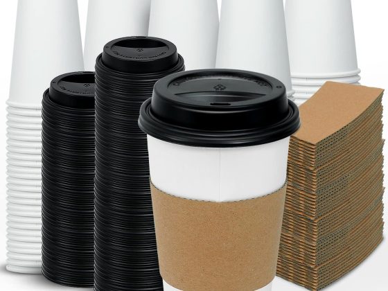 Ginkgo [100 Pack 16 oz Disposable Coffee Cups with Lids and Sleeves