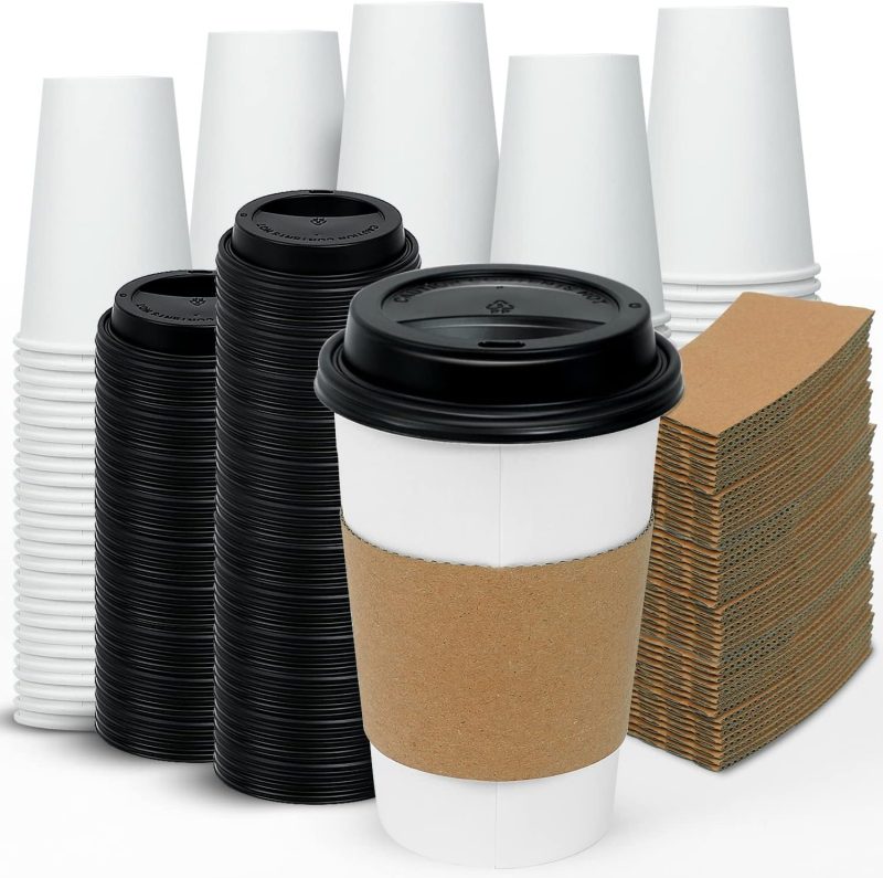 Ginkgo [100 Pack 16 oz Disposable Coffee Cups with Lids and Sleeves