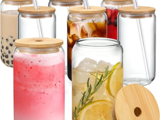 NETANY [ 8pcs Set ] Drinking Glasses with Bamboo Lids and Glass