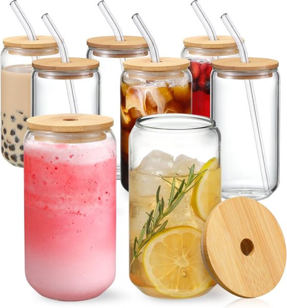 NETANY [ 8pcs Set ] Drinking Glasses with Bamboo Lids and Glass