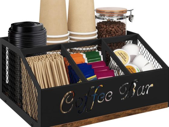Coffee Station Organizer, Rustic Brown Wooden Countertop Coffee Bar