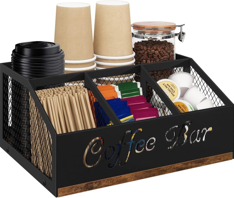 Coffee Station Organizer, Rustic Brown Wooden Countertop Coffee Bar