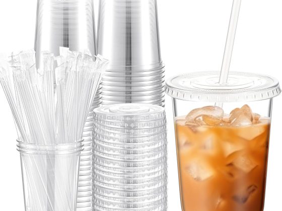 Ziliny 50 Sets Clear Plastic Cups with Lids and Straws, Disposable