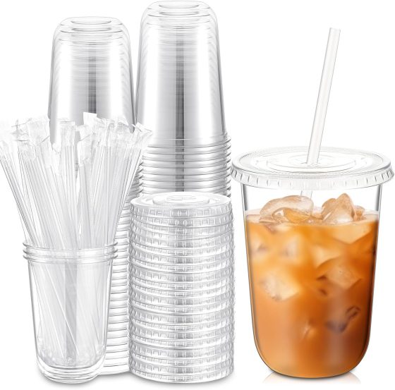 Ziliny 50 Sets Clear Plastic Cups with Lids and Straws, Disposable