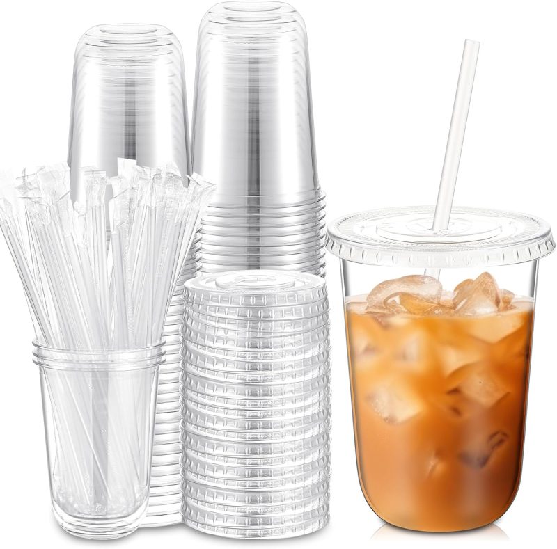 Ziliny 50 Sets Clear Plastic Cups with Lids and Straws, Disposable