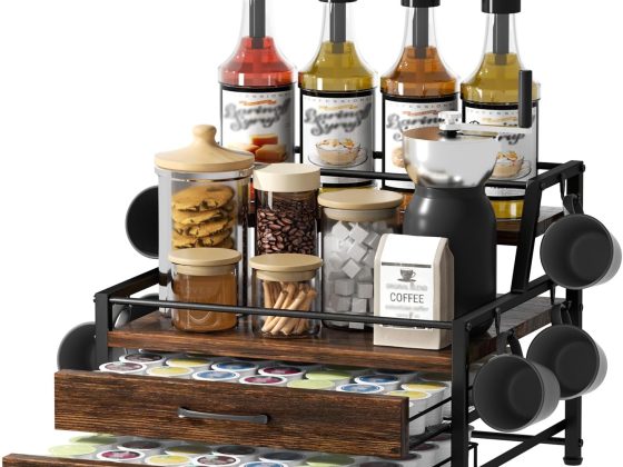 Homsorout Coffee Syrup Rack Organizer – 4-Tier 8 Syrup Wine Bottles