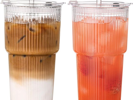 GOSCHE 20oz Ribbed Glass Tumbler with Straw and Lid, Clear Iced
