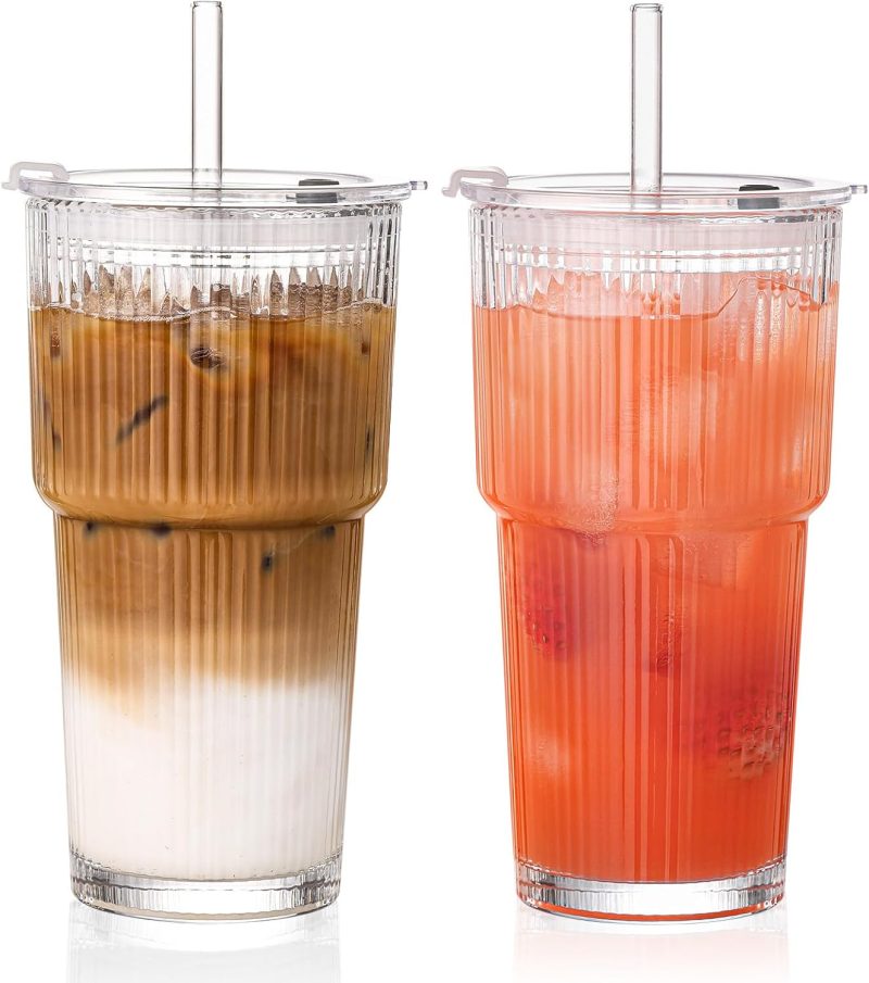 GOSCHE 20oz Ribbed Glass Tumbler with Straw and Lid, Clear Iced