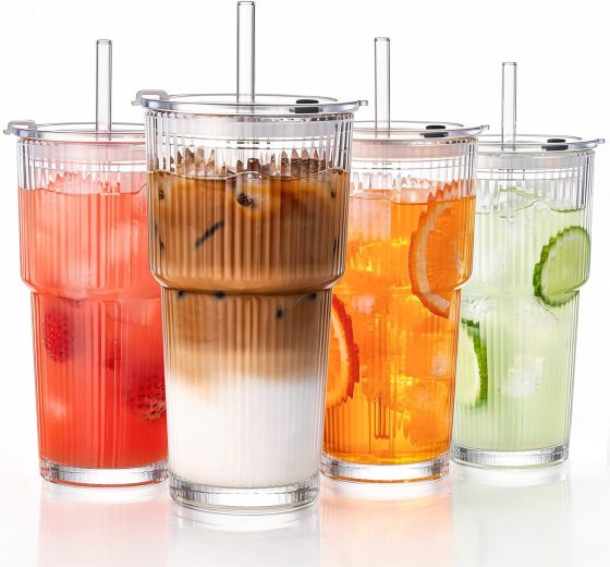 GOSCHE 20oz Glass Tumblers with Straws and Lids, Ribbed Iced Coffee