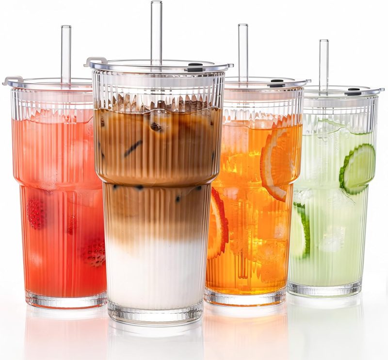 GOSCHE 20oz Glass Tumblers with Straws and Lids, Ribbed Iced Coffee