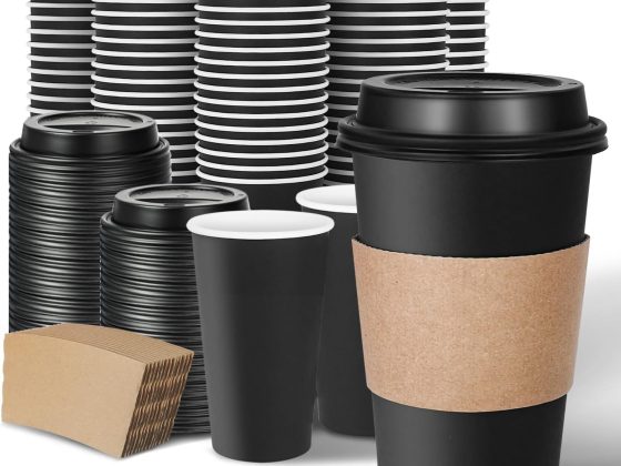 Ginkgo 100 Pack Disposable Coffee Cups with Lids and Sleeves 16 oz,