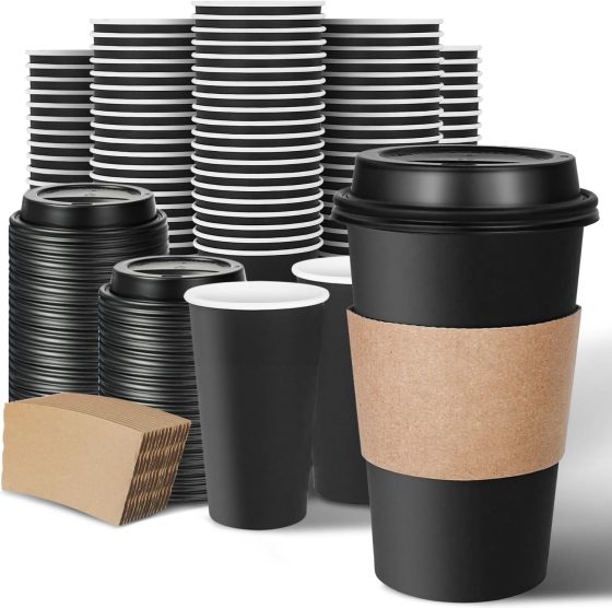 Ginkgo 100 Pack Disposable Coffee Cups with Lids and Sleeves 16 oz,