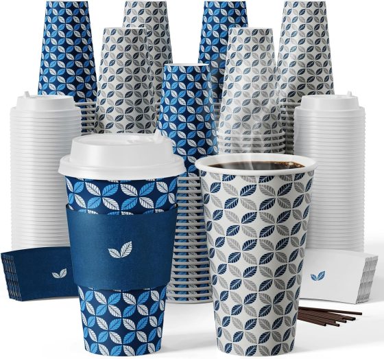 JOLLY CHEF 16 oz Coffee Cups with Lids 100 Pack, Disposable Hot
