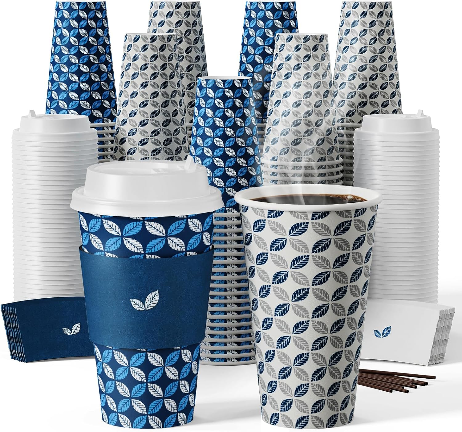 JOLLY CHEF 16 oz Coffee Cups with Lids 100 Pack, Disposable Hot