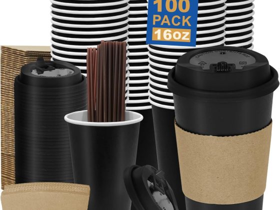 16 oz 100 Pack Coffee Cups with Lids and Sleeves, Straws, Hot