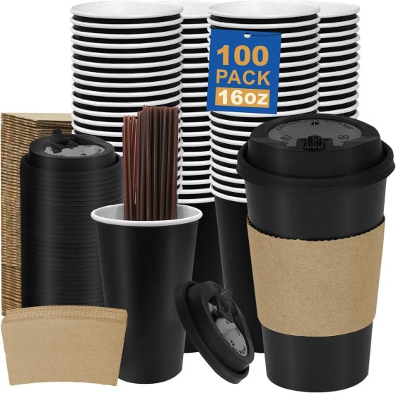 16 oz 100 Pack Coffee Cups with Lids and Sleeves, Straws, Hot