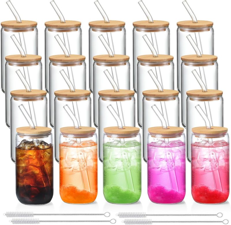 NETANY 20 Pack Glass Cups with Lids and Straws 16 oz, Personalized