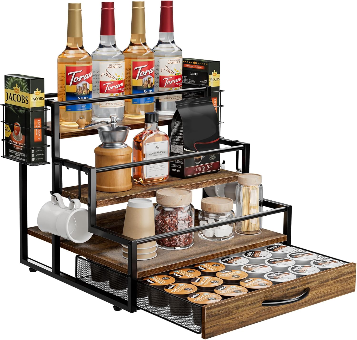 Coffee Syrup Organizer Rack, 4-Tier Syrup Bottle Holder Stand with